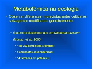 Metabolômica na ecologia Observar diferenças imprevistas entre cultivares selvagens e modificadas geneticamente: Glutamato desidrogenase em  Nicotiana tabacum  (Mungur  et al ., 2005): + de 350 compostos alterados; 9 compostos carcinogênicos; 14 fármacos em potencial; 