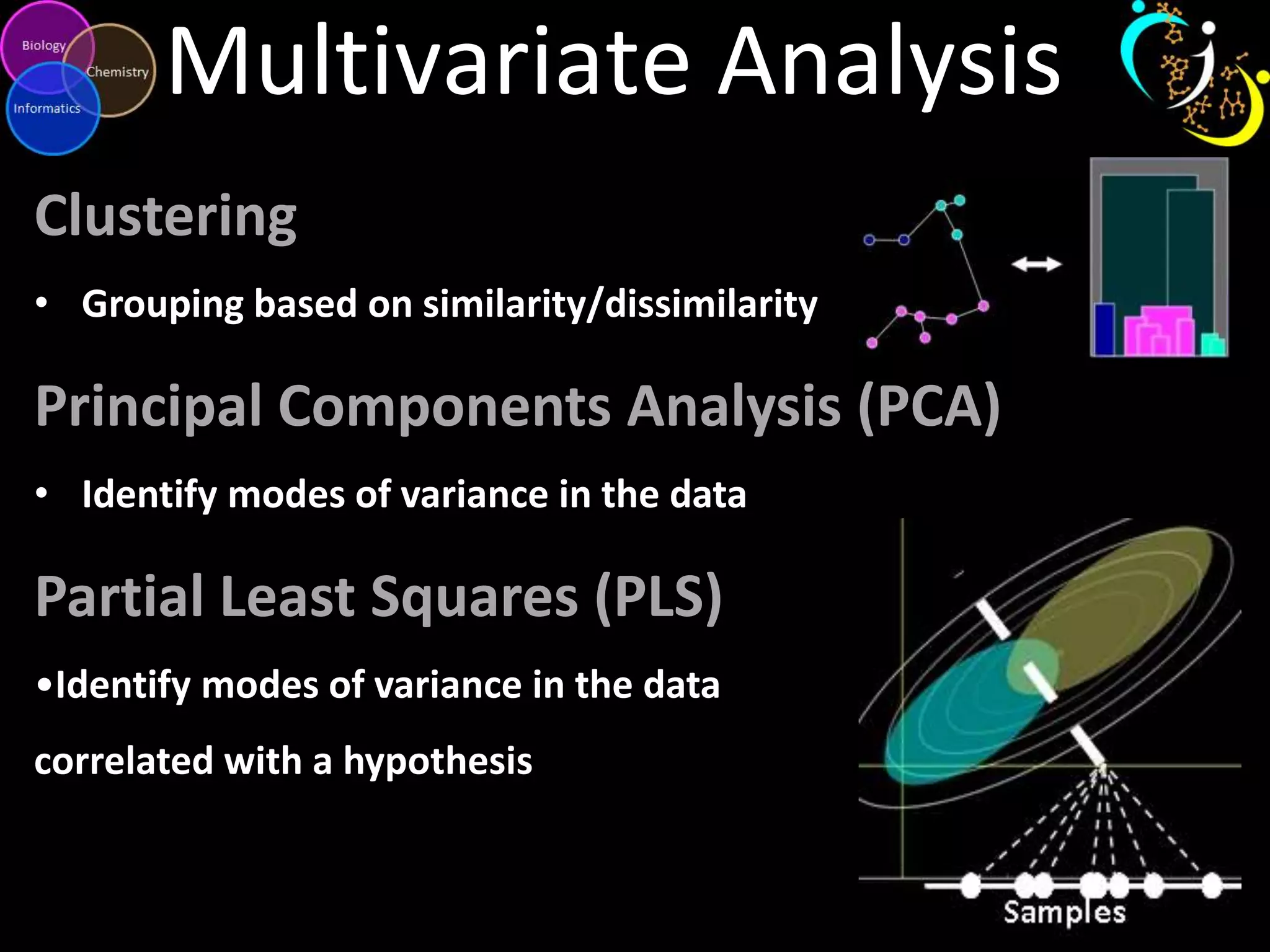 Multivariate Analysis
Clustering
• Grouping based on similarity/dissimilarity

Principal Components Analysis (PCA)
• Identify modes of variance in the data

Partial Least Squares (PLS)
•Identify modes of variance in the data
correlated with a hypothesis

 