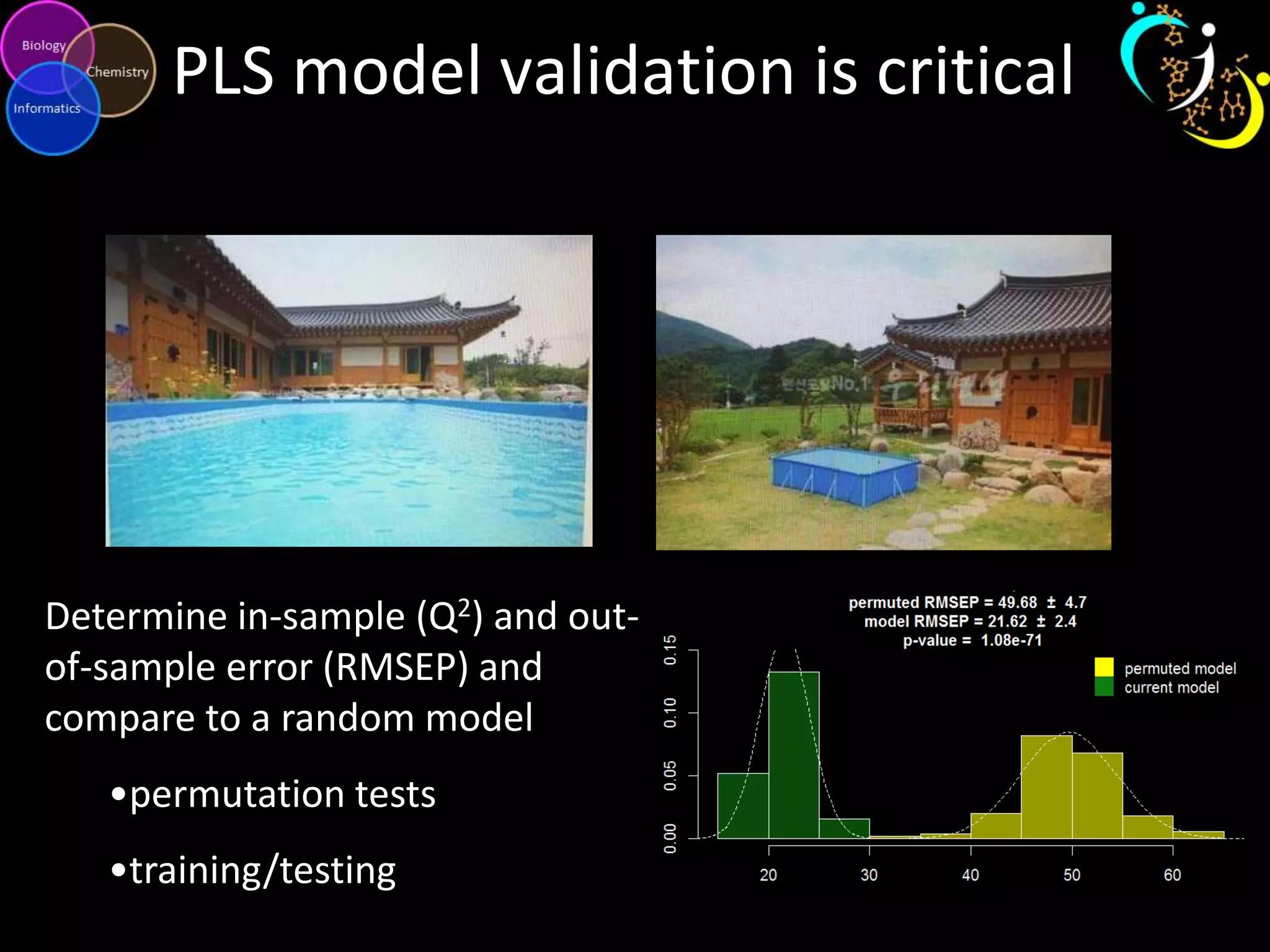 PLS model validation is critical

Determine in-sample (Q2) and outof-sample error (RMSEP) and
compare to a random model
•permutation tests

•training/testing

 