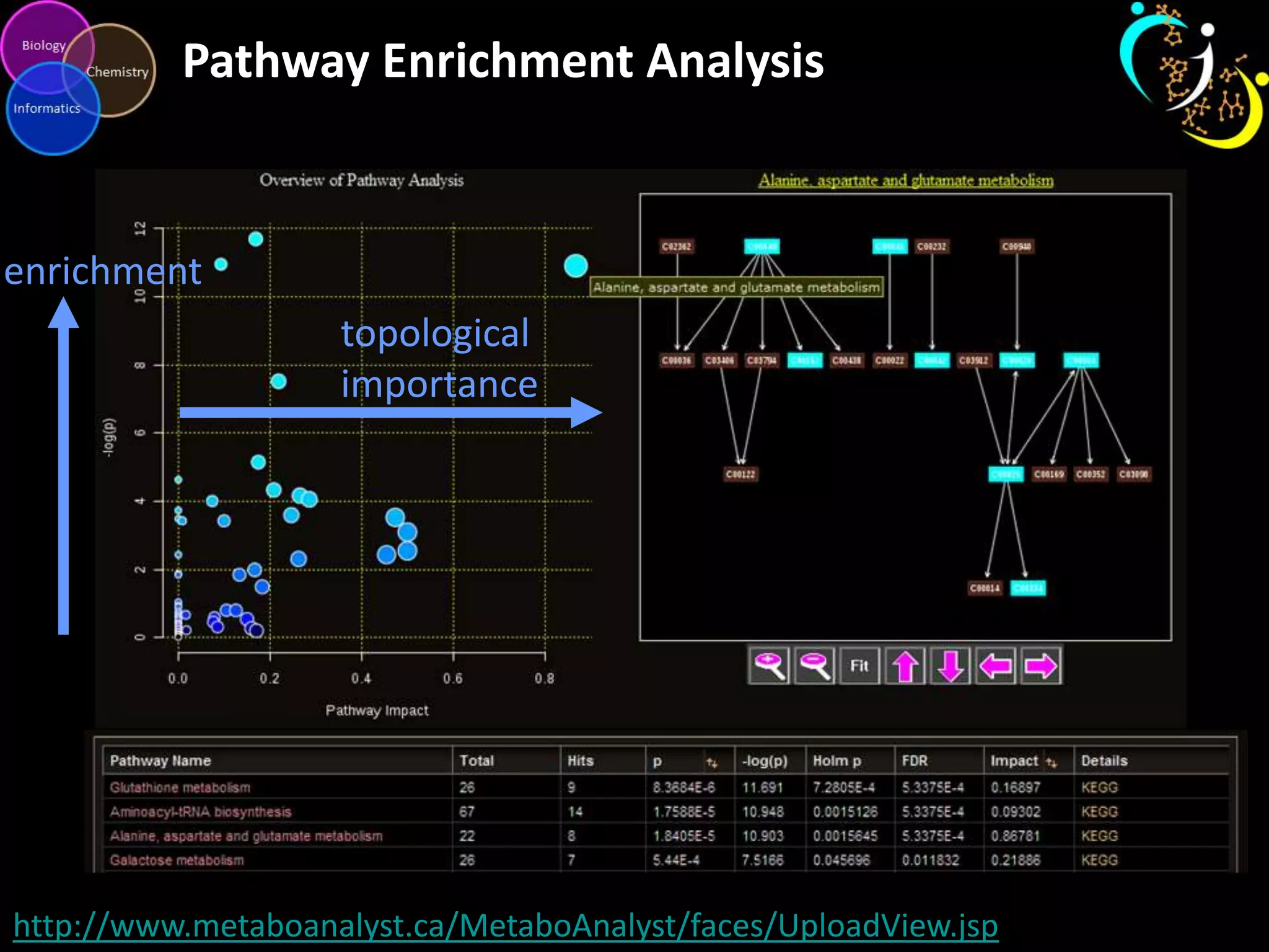Pathway Enrichment Analysis

enrichment
topological
importance

http://www.metaboanalyst.ca/MetaboAnalyst/faces/UploadView.jsp

 