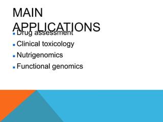  Drug assessment
 Clinical toxicology
 Nutrigenomics
 Functional genomics
MAIN
APPLICATIONS
 