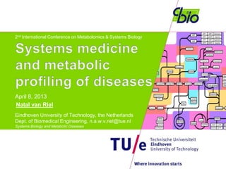 2nd International Conference on Metabolomics & Systems Biology
April 8, 2013
Natal van Riel
Eindhoven University of Technology, the Netherlands
Dept. of Biomedical Engineering, n.a.w.v.riel@tue.nl
Systems Biology and Metabolic Diseases
 