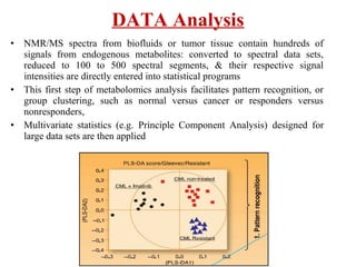 • NMR/MS spectra from biofluids or tumor tissue contain hundreds of
signals from endogenous metabolites: converted to spectral data sets,
reduced to 100 to 500 spectral segments, & their respective signal
intensities are directly entered into statistical programs
• This first step of metabolomics analysis facilitates pattern recognition, or
group clustering, such as normal versus cancer or responders versus
nonresponders,
• Multivariate statistics (e.g. Principle Component Analysis) designed for
large data sets are then applied
DATA Analysis
 