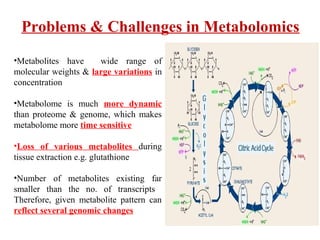 Problems & Challenges in Metabolomics
•Metabolites have wide range of
molecular weights & large variations in
concentration
•Metabolome is much more dynamic
than proteome & genome, which makes
metabolome more time sensitive
•Loss of various metabolites during
tissue extraction e.g. glutathione
•Number of metabolites existing far
smaller than the no. of transcripts
Therefore, given metabolite pattern can
reflect several genomic changes
 
