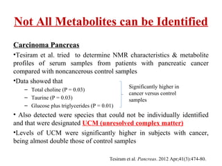 Not All Metabolites can be Identified
Carcinoma Pancreas
•Tesiram et al. tried to determine NMR characteristics & metabolite
profiles of serum samples from patients with pancreatic cancer
compared with noncancerous control samples
•Data showed that
– Total choline (P = 0.03)
– Taurine (P = 0.03)
– Glucose plus triglycerides (P = 0.01)
• Also detected were species that could not be individually identified
and that were designated UCM (unresolved complex matter)
•Levels of UCM were significantly higher in subjects with cancer,
being almost double those of control samples
Significantly higher in
cancer versus control
samples
Tesiram et al. Pancreas. 2012 Apr;41(3):474-80.
 