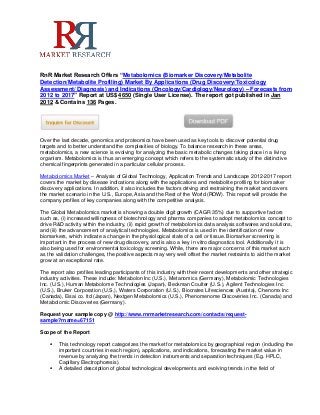 RnR Market Research Offers “Metabolomics (Biomarker Discovery/Metabolite
Detection/Metabolite Profiling) Market By Applications (Drug Discovery/Toxicology
Assessment/ Diagnosis) and Indications (Oncology/Cardiology/Neurology) – Forecasts from
2012 to 2017” Report at US$ 4650 (Single User License). The report got published in Jan
2012 & Contains 136 Pages.




Over the last decade, genomics and proteomics have been used as key tools to discover potential drug
targets and to better understand the complexities of biology. To balance research in these areas,
metabolomics, a new science is evolving for analyzing the basic metabolic changes taking place in a living
organism. Metabolomics is thus an emerging concept which refers to the systematic study of the distinctive
chemical fingerprints generated in a particular cellular process.

Metabolomics Market – Analysis of Global Technology, Application Trends and Landscape 2012-2017 report
covers the market by disease indications along with the applications and metabolite profiling for biomarker
discovery applications. In addition, it also includes the factors driving and restraining the market and covers
the market scenario in the U.S., Europe, Asia and the Rest of the World (ROW). This report will provide the
company profiles of key companies along with the competitive analysis.

The Global Metabolomics market is showing a double digit growth (CAGR 35%) due to supportive factors
such as, (i) increased willingness of biotechnology and pharma companies to adopt metabolomics concept to
drive R&D activity within the industry, (ii) rapid growth of metabolomics data analysis softwares and solutions,
and (iii) the advancement of analytical technologies. Metabolomics is used in the identification of new
biomarkers, which indicate a change in the physiological state of a cell or tissue. Biomarker screening is
important in the process of new drug discovery, and is also a key in vitro diagnostics tool. Additionally it is
also being used for environmental toxicology screening. While, there are major concerns of this market such
as the validation challenges, the positive aspects may very well offset the market restraints to aid the market
grow at an exceptional rate.

The report also profiles leading participants of this industry with their recent developments and other strategic
industry activities. These include: Metabolon Inc (U.S.), Metanomics (Germany), Metabolomic Technologies
Inc. (U.S.), Human Metabolome Technologies (Japan), Beckman Coulter (U.S.), Agilent Technologies Inc
(U.S.), Bruker Corporation (U.S.), Waters Corporation (U.S.), Biocrates Lifesciences (Austria), Chenomx Inc
(Canada), Eisai co. ltd (Japan), Nextgen Metabolomics (U.S.), Phenomenome Discoveries Inc. (Canada) and
Metabolomic Discoveries (Germany).

Request your sample copy @ http://www.rnrmarketresearch.com/contacts/request-
sample?rname=67151

Scope of the Report

       This technology report categorizes the market for metabolomics by geographical region (including the
        important countries in each region), applications, and indications, forecasting the market value in
        revenue by analyzing the trends in detection instruments and separation techniques (E.g. HPLC,
        Capillary Electrophoresis).
       A detailed description of global technological developments and evolving trends in the field of
 