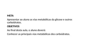 META
Apresentar ao aluno as vias metabólicas da glicose e outros
carboidratos.
OBJETIVOS
Ao final desta aula, o aluno deverá:
Conhecer as principais vias metabólicas dos carboidratos.
 