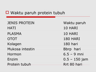  Waktu paruh protein tubuh
JENIS PROTEIN Waktu paruh
HATI 10 HARI
PLASMA 10 HARI
OTOT 180 HARI
Kolagen 180 hari
Mukosa intestin Bbrp hari
Hormon
Enzim
6.5 – 9 mni
0.5 – 150 jam
Protein tubuh Rrt 80 hari
 