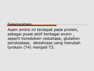 Selenosistein.
Asam amino ini terdapat pada protein,
sebagai pusat aktif berbagai enzim ,
seperti tioredoksin reduktase, glutation
peroksidase, deiodinase yang merubah
tyroksin (T4) menjadi T3.
 