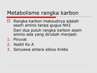 Metabolisme rangka karbon
 Rangka karbon maksudnya adalah
asam amino tanpa gugus NH2
Dari dua puluh rangka karbon asam
amino ada yang dirubah menjadi:
1. Piruvat
2. Asetil Ko A
3. Senyawa antara siklus Krebs
 