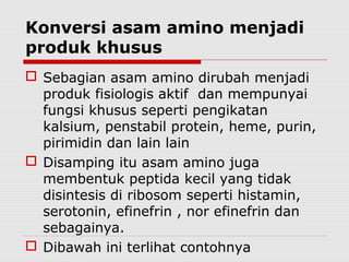 Konversi asam amino menjadi
produk khusus
 Sebagian asam amino dirubah menjadi
produk fisiologis aktif dan mempunyai
fungsi khusus seperti pengikatan
kalsium, penstabil protein, heme, purin,
pirimidin dan lain lain
 Disamping itu asam amino juga
membentuk peptida kecil yang tidak
disintesis di ribosom seperti histamin,
serotonin, efinefrin , nor efinefrin dan
sebagainya.
 Dibawah ini terlihat contohnya
 