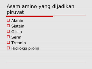 Asam amino yang dijadikan
piruvat
 Alanin
 Sistein
 Glisin
 Serin
 Treonin
 Hidroksi prolin
 