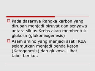  Pada dasarnya Rangka karbon yang
dirubah menjadi piruvat dan senyawa
antara siklus Krebs akan membentuk
glukosa (glukoneogenesis)
 Asam amino yang menjadi asetil KoA
selanjutkan menjadi benda keton
(Ketogenesis) dan glukosa. Lihat
tabel berikut.
 