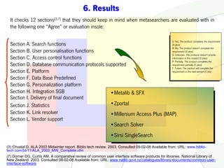 6. Results
  It checks 12 sections(3,7) that they should keep in mind when metasearchers are evaluated with in
  the following one “Agree” or evaluation insole:

                                                                                                  S: Yes. The product completes the requirement
  Section A. Search functions                                             (4 ptos)
                                                                          N: No. The product doesn't complete the
  Section B. User personalisation functions                               requirement (0 ptos)
                                                                          D: Unknown. The producer doesn't provide
  Section C. Access control functions                                     information in this respect (0 ptos)
                                                                          P: Partially. The product completes the
  Section D. Database communication protocols supported                   requirement partially (2 ptos)
                                                                          F: Future. The product will complete the
  Section E. Platform                                                     requirement in the next version (1 pto)

  Section F. Data Base Predefined
  Section G. Personalization platform
  Section H. Integration SGB                    •Metalib & SFX
  Section I. Delivery of final document
  Section J. Statistics                         •Zportal
  Section K. Link resolver                      •Millenium Access Plus (MAP)
  Section L. Vendor support
                                                             •Search Solver
                                                             •Sirsi SingleSearch
(3) Chvatal D. ALA 2003 Midwinter report. Biblio tech review. 2003. Consulted 09-02-08 Available from: URL: www.biblio-
tech.com/btr11/ALA_2003_MW_Complete.cfm
(7) Dorner DG, Curtis AM. A comparative review of common user interface software products for libraries. National Library of
New Zealand. 2003. Consulted 08-02-08 Available from: URL: www.natlib.govt.nz/catalogues/library-documents/common-user-
interface-software
 