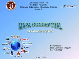 Universidad Fermín Toro
            Unidad de Postgrado
Diplomado de Educación Interactiva a Distancia
                 Modulo III




                                     Realizado por:
                                     Lcda. Leismidian Vásquez
                                     C.I: 11.853.793



                   JUNIO, 2012
 
