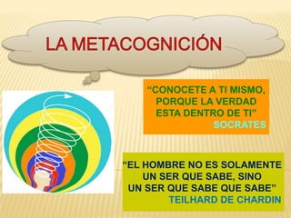 “CONOCETE A TI MISMO,
      PORQUE LA VERDAD
      ESTA DENTRO DE TI”
                SOCRATES



“EL HOMBRE NO ES SOLAMENTE
    UN SER QUE SABE, SINO
 UN SER QUE SABE QUE SABE”
        TEILHARD DE CHARDIN
 