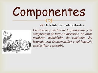 Componentes
            
          Habilidades metatextuales:
   Conciencia y control de la producción y la
   comprensión de textos o discursos. En otras
   palabras, habilidades de monitoreo del
   lenguaje oral (conversación) y del lenguaje
   escrito (leer y escribir).
 