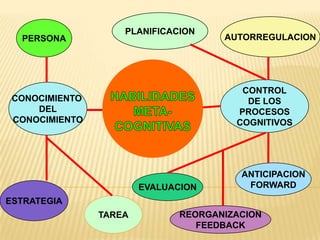 PLANIFICACION
  PERSONA                             AUTORREGULACION




                                         CONTROL
 CONOCIMIENTO                             DE LOS
     DEL                                PROCESOS
 CONOCIMIENTO                           COGNITIVOS




                                         ANTICIPACION
                        EVALUACION        FORWARD
ESTRATEGIA
                TAREA          REORGANIZACION
                                  FEEDBACK
 