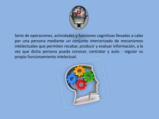 Serie de operaciones, actividades y funciones cognitivas llevadas a cabo
por una persona mediante un conjunto interiorizado de mecanismos
intelectuales que permiten recabar, producir y evaluar información, a la
vez que dicha persona pueda conocer, contratar y auto - regular su
propio funcionamiento intelectual.
