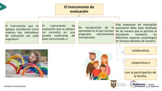 El instrumento de
evaluación
De recuperación de lo
aprendido en el que consten
preguntas estrictamente
conceptuales.
Esta propuesta de evaluación
quimestral debe estar diseñada
de tal manera que le permita al
estudiante resolverla en
diferentes espacios (aula/hogar)
en tiempos distintos de manera:
El instrumento que se
aplique considerará como
máximo dos indicadores
de evaluación por cada
asignatura.
El instrumento de
evaluación que se aplique
no consistirá en una
prueba tradicional, de
base estructurada, o
colaborativa,
cooperativa o
con la participación de
la familia.
 