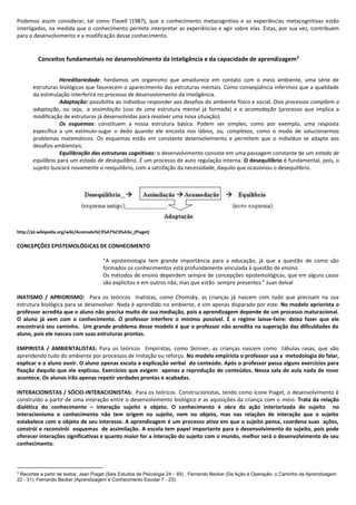Podemos assim considerar, tal como Flavell (1987), que o conhecimento metacognitivo e as experiências metacognitivas estão
interligados, na medida que o conhecimento permite interpretar as experiências e agir sobre elas. Estas, por sua vez, contribuem
para o desenvolvimento e a modificação desse conhecimento.

Conceitos fundamentais no desenvolvimento da inteligência e da capacidade de aprendizagem3
Hereditariedade: herdamos um organismo que amadurece em contato com o meio ambiente, uma série de
estruturas biológicas que favorecem o aparecimento das estruturas mentais. Como conseqüência inferimos que a qualidade
da estimulação interferirá no processo de desenvolvimento da inteligência.
Adaptação: possibilita ao indivíduo responder aos desafios do ambiente físico e social. Dois processos compõem a
adaptação, ou seja, a assimilação (uso de uma estrutura mental já formada) e a acomodação (processo que implica a
modificação de estruturas já desenvolvidas para resolver uma nova situação).
Os esquemas: constituem a nossa estrutura básica. Podem ser simples, como por exemplo, uma resposta
específica a um estímulo-sugar o dedo quando ele encosta nos lábios, ou, complexos, como o modo de solucionarmos
problemas matemáticos. Os esquemas estão em constante desenvolvimento e permitem que o indivíduo se adapte aos
desafios ambientais.
Equilibração das estruturas cognitivas: o desenvolvimento consiste em uma passagem constante de um estado de
equilíbrio para um estado de desequilíbrio. É um processo de auto regulação interna. O desequilíbrio é fundamental, pois, o
sujeito buscará novamente o reequilíbrio, com a satisfação da necessidade, daquilo que ocasionou o desequilíbrio.

http://pt.wikipedia.org/wiki/Acomoda%C3%A7%C3%A3o_(Piaget)

CONCEPÇÕES EPISTEMOLÓGICAS DE CONHECIMENTO
“A epistemologia tem grande importância para a educação, já que a questão de como são
formados os conhecimentos está profundamente vinculada à questão de ensino.
Os métodos de ensino dependem sempre de concepções epistemológicas, que em alguns casos
são explícitas e em outros não, mas que estão sempre presentes.” Juan delval
INATISMO / APRIORISMO: Para os teóricos Inatistas, como Chomsky, as crianças já nascem com tudo que precisam na sua
estrutura biológica para se desenvolver. Nada é aprendido no ambiente, e sim apenas disparado por este. No modelo apriorista o
professor acredita que o aluno não precisa muito de sua mediação, pois a aprendizagem depende de um processo maturacional.
O aluno já vem com o conhecimento. O professor interfere o mínimo possível. É o regime laisse-faire: deixa fazer que ele
encontrará seu caminho. Um grande problema desse modelo é que o professor não acredita na superação das dificuldades do
aluno, pois ele nasceu com suas estruturas prontas.
EMPIRISTA / AMBIENTALISTAS: Para os teóricos Empiristas, como Skinner, as crianças nascem como tábulas rasas, que vão
aprendendo tudo do ambiente por processos de imitação ou reforço. No modelo empirista o professor usa a metodologia do falar,
explicar e o aluno ouvir. O aluno apenas escuta a explicação verbal do conteúdo. Após o professor passa alguns exercícios para
fixação daquilo que ele explicou. Exercícios que exigem apenas a reprodução de conteúdos. Nessa sala de aula nada de novo
acontece. Os alunos irão apenas repetir verdades prontas e acabadas.
INTERACIONISTAS / SÓCIO-INTERACIONISTAS: Para os teóricos Construcionistas, tendo como ícone Piaget, o desenvolvimento é
construído a partir de uma interação entre o desenvolvimento biológico e as aquisições da criança com o meio. Trata da relação
dialética do conhecimento – interação sujeito e objeto. O conhecimento é obra da ação interiorizada do sujeito no
interacionismo o conhecimento não tem origem no sujeito, nem no objeto, mas nas relações de interação que o sujeito
estabelece com o objeto de seu interesse. A aprendizagem é um processo ativo em que o sujeito pensa, coordena suas ações,
constrói e reconstrói esquemas de assimilação. A escola tem papel importante para o desenvolvimento do sujeito, pois pode
oferecer interações significativas e quanto maior for a interação do sujeito com o mundo, melhor será o desenvolvimento de seu
conhecimento.

Recortes a partir de textos: Jean Piaget (Seis Estudos de Psicologia 24 – 65) , Fernando Becker (Da Ação à Operação: o Caminho da Aprendizagem
22 - 31); Fernando Becker (Aprendizagem e Conhecimento Escolar 7 - 23);
3

 