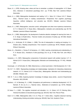 Couceiro Figueira, A. P.: Metacognição e seus contornos

16

Brown, A. L. (1978). Knowing when, where and how to remember: a problem of metacognition. In R. Glaser
(Ed.), Advances in instructional psychology (Vol I, pp. 77-165). New York: Lawrence Erlbaum
Associates.
Brown, A. L. (1980). Metacognitive development and reading. In R. J. Spiro, B. C. Bruce, & W. F. Brewer
(Eds.), Theorical issues in reading comprehension. Perspectives from cognitive psychology,
linguistics, artificial intelligence, and education (pp. 453-481). Hillsdale: Lawrence Erlbaum
Associates.
Brown, A. L. (1987). Metacognition, executive control, self-regulation and other more mysterious mechanisms.
In F. E. Weinert & R. H. Kluwe (Eds.), Metacognition, motivation and understanding (pp. 65-116).
Hillsdale: Lawrence Erlbaum Associates.
Brown, A. L. (1989). Metacognition: the development of selective attention strategies for learning from texts. In
H. S. Singer, & Rudell (Eds.), Theorical models and p
rocesses of reading (pp. 501-526). Newark:
International Association.
Brown, A. L., Armbruster, B. B. & Baker, L. (1986). The role of metacognition in reading and studying. In J.
Orasanu (Ed.), Reading comprehension. From research to practice (pp. 49-75). Hillsdale: Lawrence
Erlbaum Associates.
Brown, A. L., Bransford, J., Ferrara, R. & Campione, J. C. (1983). Learning, remembering and understanding. In
P. H. Mussen (Ed.), Handbook of child psychology (Vol. III, pp. 77-166). New York: John Willy &
Sons.
Campione, J. C. (1987). Metacognitive components of instructional research with problem learners. In F. E.
Weinert ,& R. H. Kluwe (Eds.), Metacognition, Motivation and Understanding (pp. 117-140)., Hillsdale:
LEA.
Cavanaugh, J. C. & Perlmutter, M. (1982). Metamemory: a critical examination. Child Development, 53, 11-28.
Chi, M. T. H. (1987). Representing knowledge and metaknowledge: implications for interpreting metamemory
research. In F. E. Weinert, & R. H. Kluwe (Eds.), Metacognition, Motivation and Understanding (pp.
239-266). Hillsdale: LEA.
Clift, R. T. et al. (1992). Exploring teachers' knowledge of strategic study activity. Journal of Experimental
Education, 60(1) 253-263.
Davidson, J. E. & Sternberg, R. J. (1985). Competence and performance in intellectual development. In E. D.
Neimark, R. De Lisi, & J. L. Newman (Eds.), Moderators of competence (pp. 43-76). Hillsdale:
Lawrence Erlbaum Associates.
Di Vesta, F. J. (1987). The cognitive movement and education. In J. A. Glover, & R. R. Ronning (Eds.),
Historical foundations of educational psychology (pp. 203-233). New York: Plenum Press.
Duell, O. K. (1986). Metacognitive skills. In G. D. Phye, & T. Andre (Eds.), Cognitive classroom learning.
Understanding, thinking and problem solving (pp. 205-242). New York: Academic Press.

Revista Iberoamericana de Educación (ISSN: 1681-5653)

 