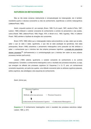 Couceiro Figueira, A. P.: Metacognição e seus contornos
Revista Iberoamericana de Educación (ISSN: 1681-5653)
10
NATUREZA DA METACOGNIÇÃO
Mas se não existe consenso relativamente à conceptualização da metacognição, ele é também
inexistente quanto à natureza (consciente ou não) do conhecimento, experiências e controlo metacognitivos
(Lefebvre-Pinard, 1983).
Assim, enquanto autores (cf., por exemplo, Brown, 1980; Fry & Lupart, 1987; Jacobs & Paris, 1987;
Lawson, 1984) enfatizam o carácter consciente do conhecimento e controlo do pensamento e das acções,
outros (Flavell, 1985; Lefebvre-Pinard, 1983; Piaget, 1974, in Brown et al., 1983; Vygotsky, 1962, in Lefebvre-
Pinard, 1983) admitem a hipótese de situações não conscientes.
Brown (1979, 1980) refere que a metacognição implica auto-consciência, ou seja, saber que se sabe,
saber o que se sabe e saber, igualmente, o que não se sabe (avaliação da ignorância). Sob estes
pressupostos, Brown (1980) caracteriza o pensamento metacognitivo como possuidor de três atributos a
saber: o conhecimento que o indivíduo tem dos próprios processos cognitivos, a tomada de consciência
desses processos14 (self-awareness) e o controlo/regulação que o indivíduo tem sobre os seus próprios
processos mentais (self-control).
Lawson (1984) salienta, igualmente, o carácter consciente do conhecimento e do controlo
metacognitivos. Considera o conhecimento metacognitivo como o resultado dos processos executivos, ou seja,
que emergem da reflexão dos processos cognitivos (cf. Esquemas 2 e 3). É, pois, um conhecimento
consciente requerendo, por parte dos sujeitos, uma reflexão consciente sobre os atributos cognitivos pessoais,
estilos cognitivos, das estratégias e dos esquemas de conhecimento.
Assim, temos que,
Processos Cognitivos
Reflexão sobre esses processos = Processos Executivos
Conhecimento do Processamento Cognitivo = Conhecimento Metacognitivo
Esquema 2: O conhecimento metacognitivo como o resultado dos processos executivos (adapt.
Lawson, 1984, p. 231)
 