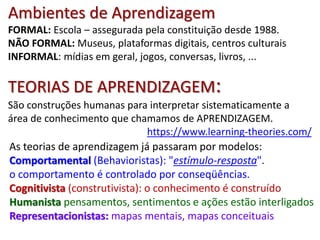 Ambientes de Aprendizagem
FORMAL: Escola – assegurada pela constituição desde 1988.
NÃO FORMAL: Museus, plataformas digitais, centros culturais
INFORMAL: mídias em geral, jogos, conversas, livros, ...
TEORIAS DE APRENDIZAGEM:
São construções humanas para interpretar sistematicamente a
área de conhecimento que chamamos de APRENDIZAGEM.
https://www.learning-theories.com/
As teorias de aprendizagem já passaram por modelos:
Comportamental (Behavioristas): "estímulo-resposta".
o comportamento é controlado por conseqüências.
Cognitivista (construtivista): o conhecimento é construído
Humanista pensamentos, sentimentos e ações estão interligados
Representacionistas: mapas mentais, mapas conceituais
 