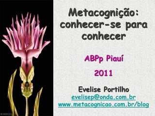 Metacognição:
conhecer-se para
    conhecer

       ABPp Piauí
           2011

      Evelise Portilho
   evelisep@onda.com.br
www.metacognicao.com.br/blog
 