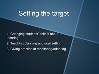 Setting the target 
1. Changing students’ beliefs about 
learning 
2. Teaching planning and goal setting 
3. Giving practice at monitoring/adapting 
 