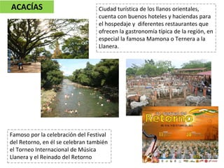 ACACÍAS Ciudad turística de los llanos orientales,
cuenta con buenos hoteles y haciendas para
el hospedaje y diferentes restaurantes que
ofrecen la gastronomía típica de la región, en
especial la famosa Mamona o Ternera a la
Llanera.
Famoso por la celebración del Festival
del Retorno, en él se celebran también
el Torneo Internacional de Música
Llanera y el Reinado del Retorno
 
