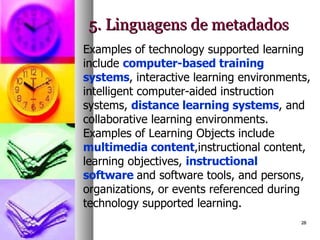 5. Linguagens de metadados Examples of technology supported learning include  computer-based training systems , interactive learning environments, intelligent computer-aided instruction systems,  distance learning systems , and collaborative learning environments. Examples of Learning Objects include  multimedia content ,instructional content, learning objectives,  instructional software  and software tools, and persons, organizations, or events referenced during technology supported learning.  