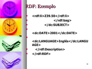 RDF: Exemplo <rdf:li>Z39.50</rdf:li> </rdf:bag> </dc:SUBJECT> <dc:DATE>2001</dc:DATE> <dc:LANGUAGE>Inglês</dc:LANGUAGE> </rdf:Description> </rdf:RDF> 
