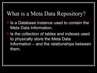 What is a Meta Data Repository? Is a Database instance used to contain the Meta Data Information. Is the collection of tables and indexes used to physically store the Meta Data Information – and the relationships between them. 