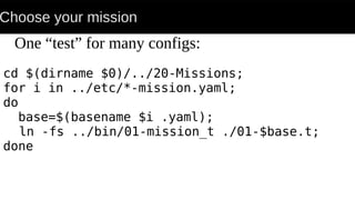 Choose your mission
cd $(dirname $0)/../20-Missions;
for i in ../etc/*-mission.yaml;
do
base=$(basename $i .yaml);
ln -fs ../bin/01-mission_t ./01-$base.t;
done
One “test” for many configs:
 