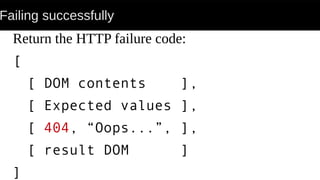 Failing successfully
Return the HTTP failure code:
[
[ DOM contents ],
[ Expected values ],
[ 404, “Oops...”, ],
[ result DOM ]
]
 