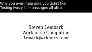 Why you ever meta data you didn’t like:
Testing twisty little passages all alike.
Steven Lembark
Workhorse Computing
lemark@wrkhors.com
 