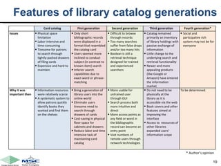 Features of library catalog generations * Author’s opinion Card catalog First generation Second generation Third generation Fourth generation* Issues Physical space limitation Labor intensive and  time-consuming Tiresome for patrons to search through tightly-packed drawers of filing cards Expensive and hard to maintain Only short bibliographic records were displayed in a format that resembled the catalog card  Users seemed more inclined to conduct subject (in contrast to known-item) search Inferior search capabilities due to exact word or phrase-matching  Difficult to browse through records Too many searches suffer from false drops and/or too many hits Boolean is still a retrieval technique designed for trained and experienced searchers Catalog remained primarily an inventory of library holdings with passive exchange of information Little change to the underlying search and retrieval functionality Newer and more appealing products (like Google or Amazon) have entered the information market Social and participative rich system may not be for everyone Why it was important then Information resources were relatively scarce A systematic system to allow patrons quickly identify books they wanted and find them on the shelves Bring a generation of library users into the online world Eliminate users tiresome need to search through drawers of cards Cost-saving in physical floor space for cabinets and drawers Reduce labor and time intensive task of maintaining card catalog More usable for  untrained user through GUI Search process both more intuitive and direct More access points as any field or word in the bibliographic record can become an entry point Vast numbers of remote users through network technologies Do not need to be physically at the library as it is accessible via the web Book covers and other features aimed at improving the interface Access to  resources of other libraries expanded users’ information scope To be determined. 