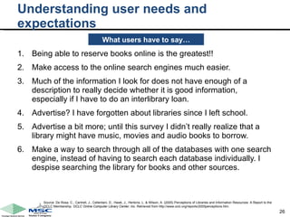 Understanding user needs and expectations Being able to reserve books online is the greatest!! Make access to the online search engines much easier. Much of the information I look for does not have enough of a description to really decide whether it is good information, especially if I have to do an interlibrary loan. Advertise? I have forgotten about libraries since I left school. Advertise a bit more; until this survey I didn’t really realize that a library might have music, movies and audio books to borrow. Make a way to search through all of the databases with one search engine, instead of having to search each database individually. I despise searching the library for books and other sources. Source: De Rosa, C., Cantrell, J., Cellentani, D., Hawk, J., Henkins, L. & Wilson, A. (2005) Perceptions of Libraries and Information Resources: A Report to the OCLC Membership.  OCLC Online Computer Library Center, Inc.  Retrieved from  http://www.oclc.org/reports/2005perceptions.htm. What users have to say… 
