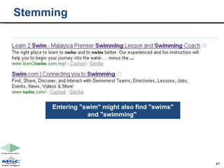 Stemming Entering "swim" might also find "swims" and "swimming"  