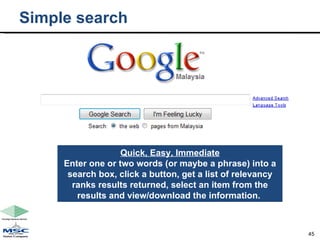 Simple search Quick, Easy, Immediate Enter one or two words (or maybe a phrase) into a search box, click a button, get a list of relevancy ranks results returned, select an item from the results and view/download the information.  