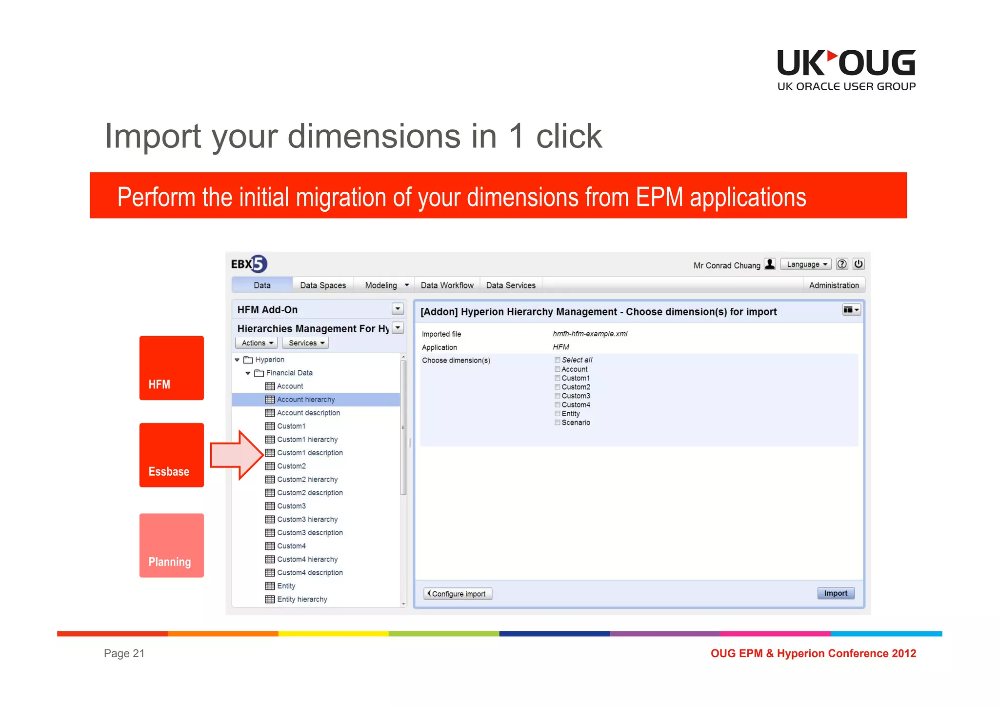 Import your dimensions in 1 click
  Perform the initial migration of your dimensions from EPM applications




          HFM




          Essbase




          Planning




Page 21                                                       OUG EPM & Hyperion Conference 2012
 
