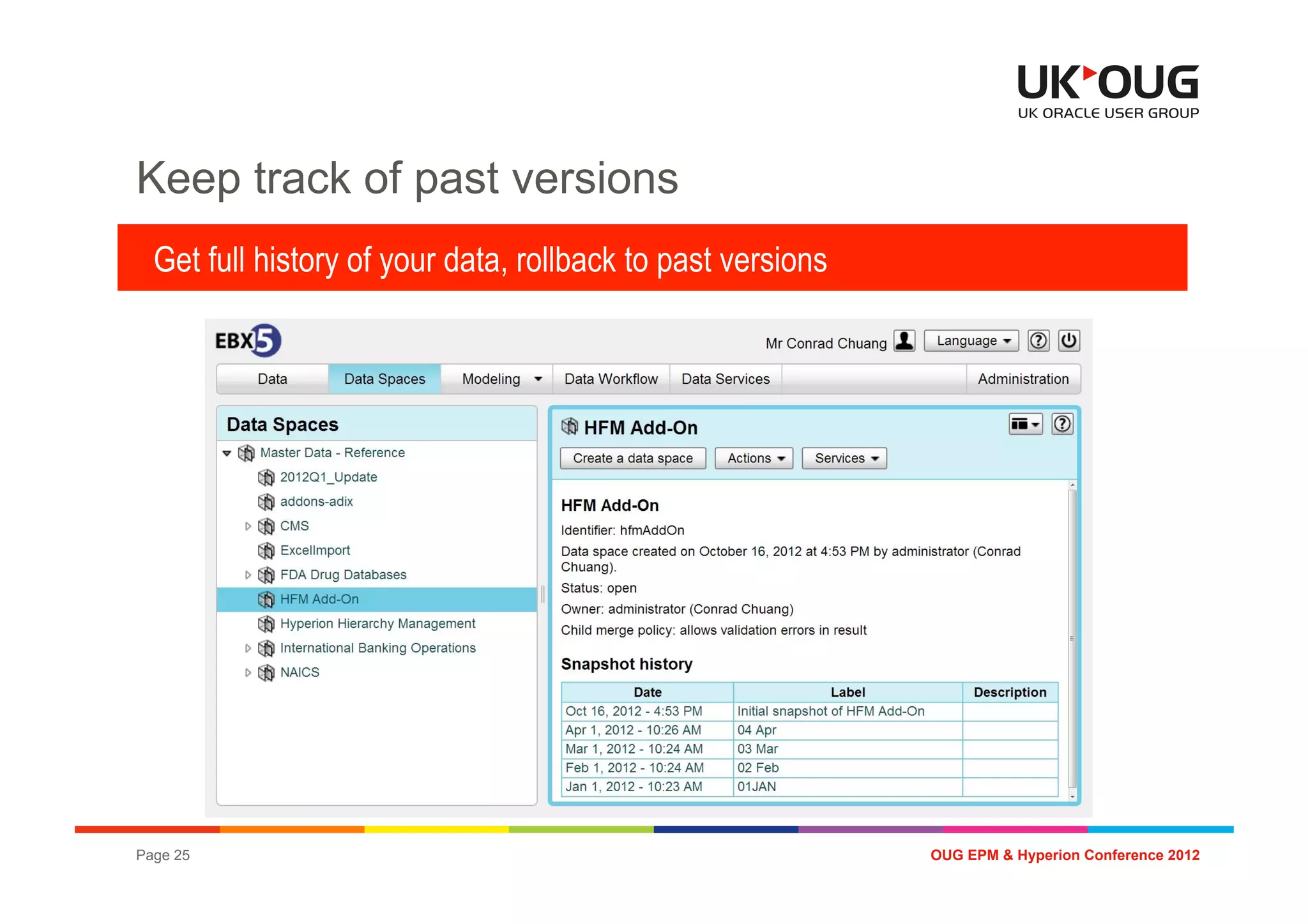Keep track of past versions
  Get full history of your data, rollback to past versions




Page 25                                                      OUG EPM & Hyperion Conference 2012
 