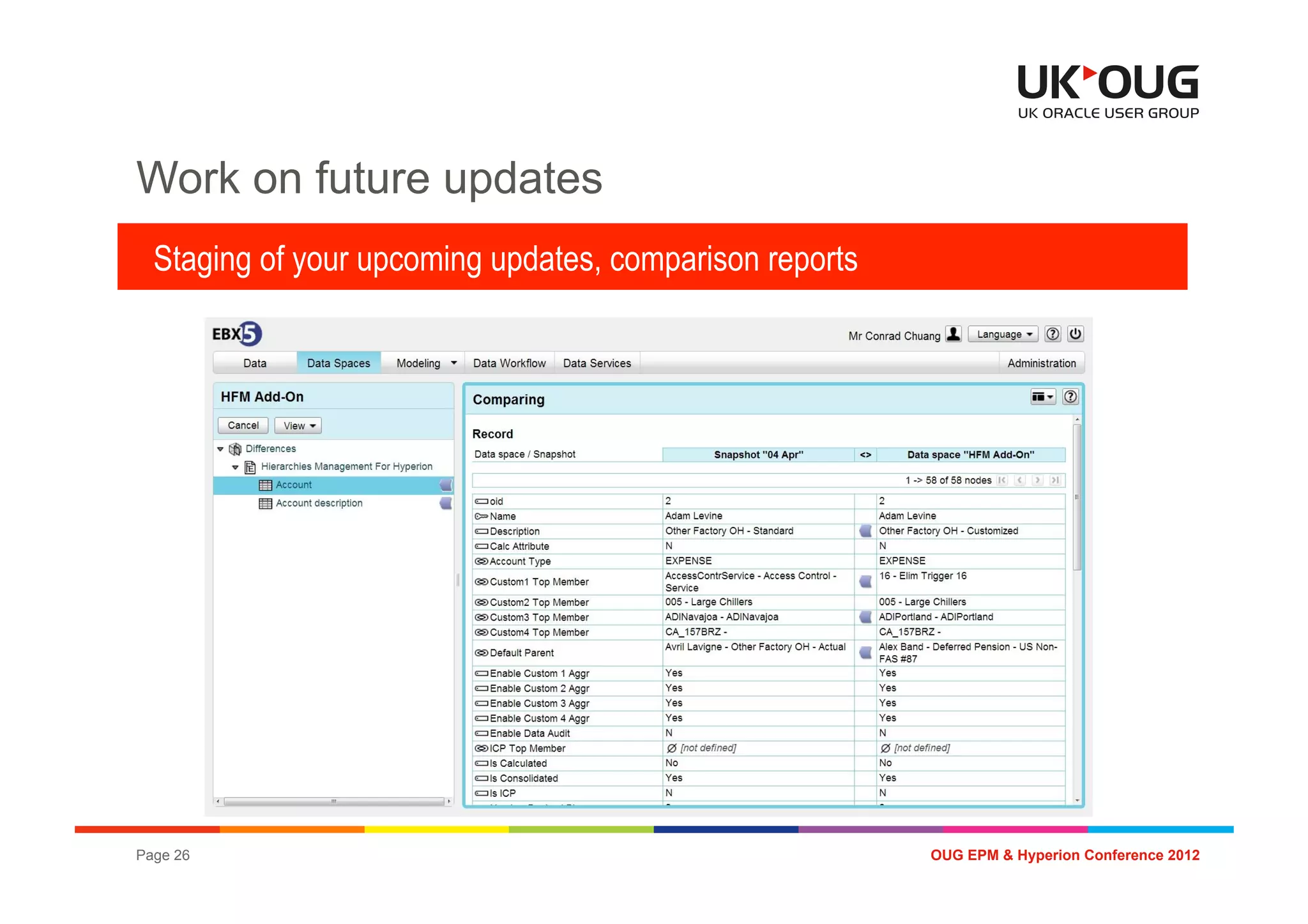 Work on future updates
  Staging of your upcoming updates, comparison reports




Page 26                                                  OUG EPM & Hyperion Conference 2012
 