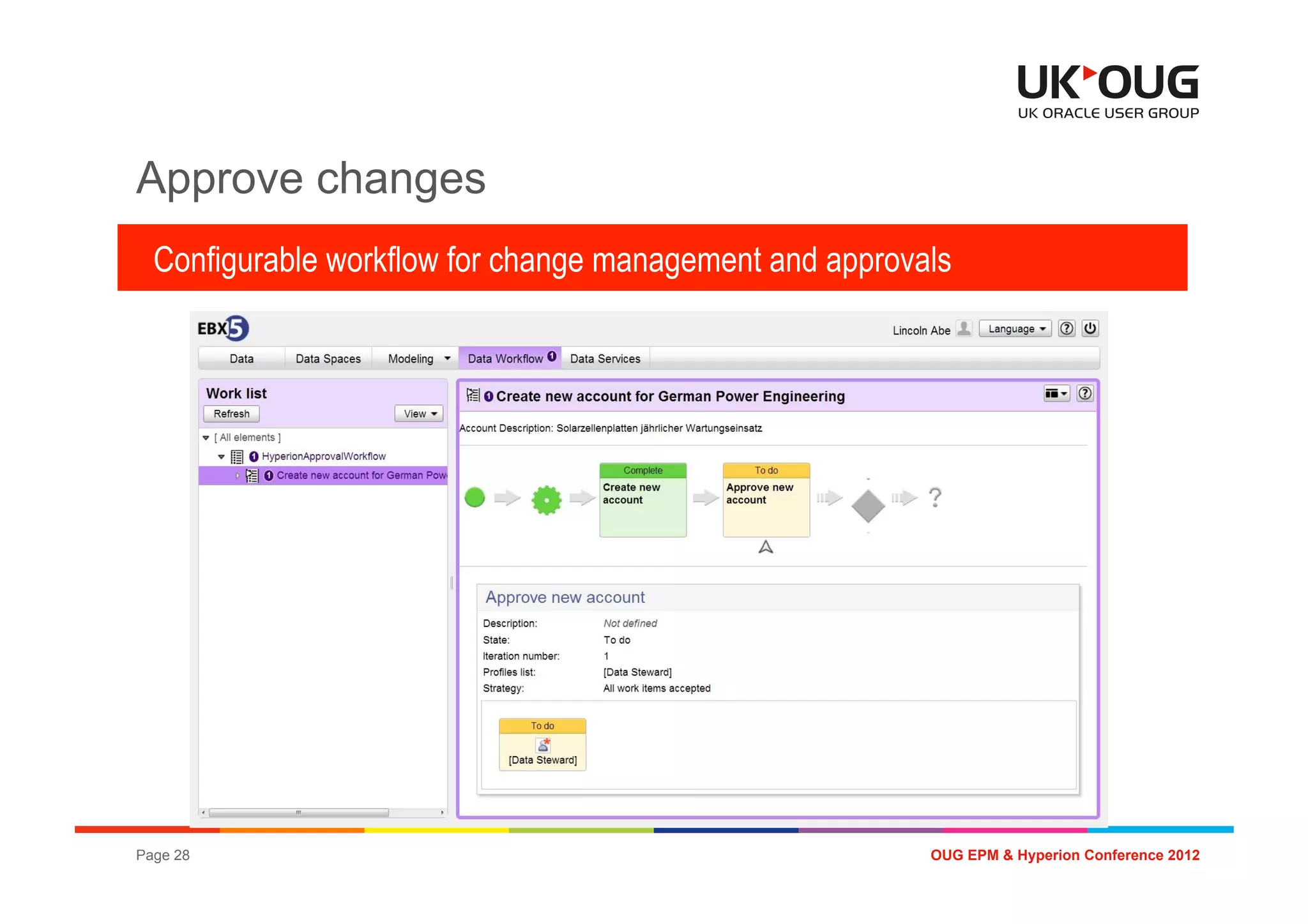 Approve changes
  Configurable workflow for change management and approvals




Page 28                                                  OUG EPM & Hyperion Conference 2012
 