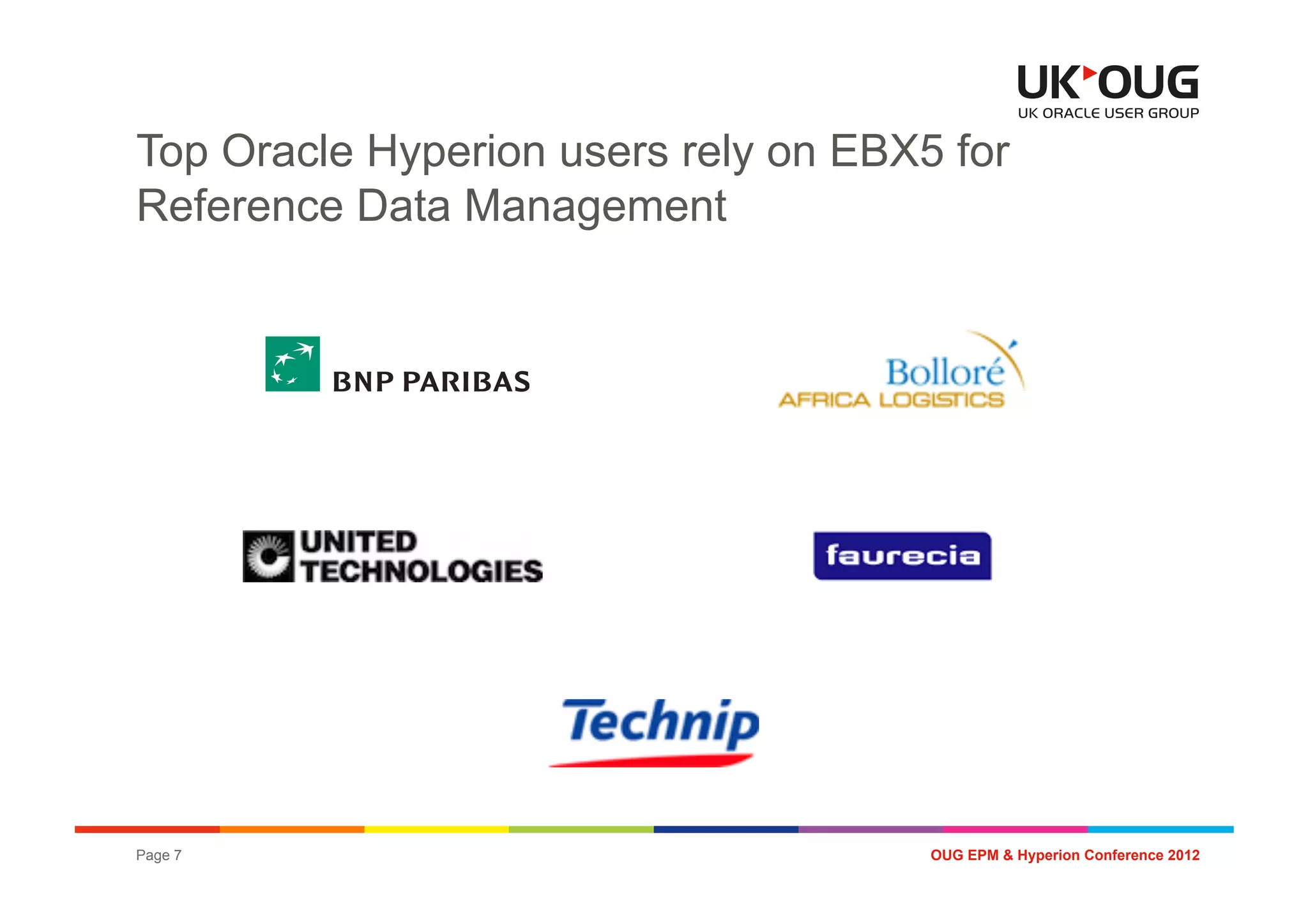 Top Oracle Hyperion users rely on EBX5 for
Reference Data Management




Page 7                                OUG EPM & Hyperion Conference 2012
 