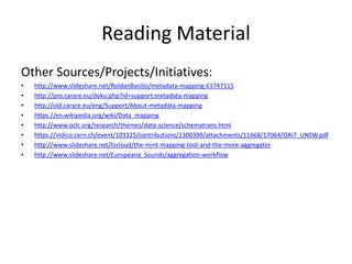 Reading Material
Other Sources/Projects/Initiatives:
• http://www.slideshare.net/RoldanBasilio/metadata-mapping-61747115
• http://pro.carare.eu/doku.php?id=support:metadata-mapping
• http://old.carare.eu/eng/Support/About-metadata-mapping
• https://en.wikipedia.org/wiki/Data_mapping
• http://www.oclc.org/research/themes/data-science/schematrans.html
• https://indico.cern.ch/event/103325/contributions/1300399/attachments/11668/17064/OAI7_UNSW.pdf
• http://www.slideshare.net/locloud/the-mint-mapping-tool-and-the-more-aggregator
• http://www.slideshare.net/Europeana_Sounds/aggregation-workflow
 