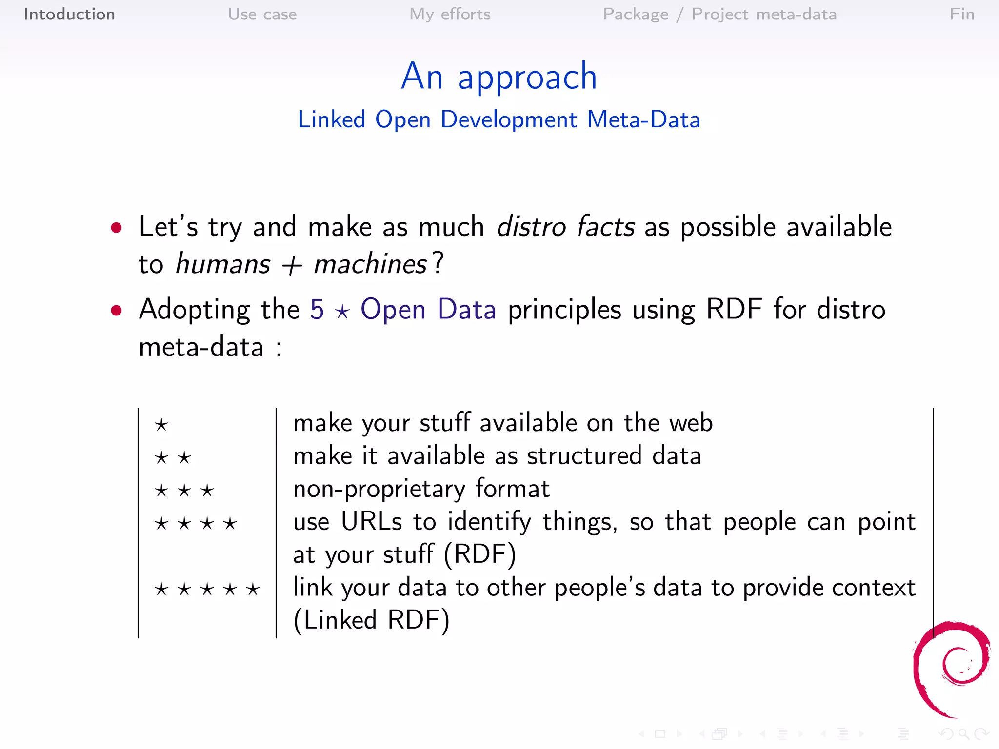 Intoduction         Use case            My eﬀorts      Package / Project meta-data     Fin



                                       An approach
                               Linked Open Development Meta-Data



          • Let’s try and make as much distro facts as possible available
              to humans + machines ?
          • Adopting the 5          Open Data principles using RDF for distro
              meta-data :

                            make your stuﬀ available on the web
                            make it available as structured data
                            non-proprietary format
                            use URLs to identify things, so that people can point
                            at your stuﬀ (RDF)
                            link your data to other people’s data to provide context
                            (Linked RDF)
 