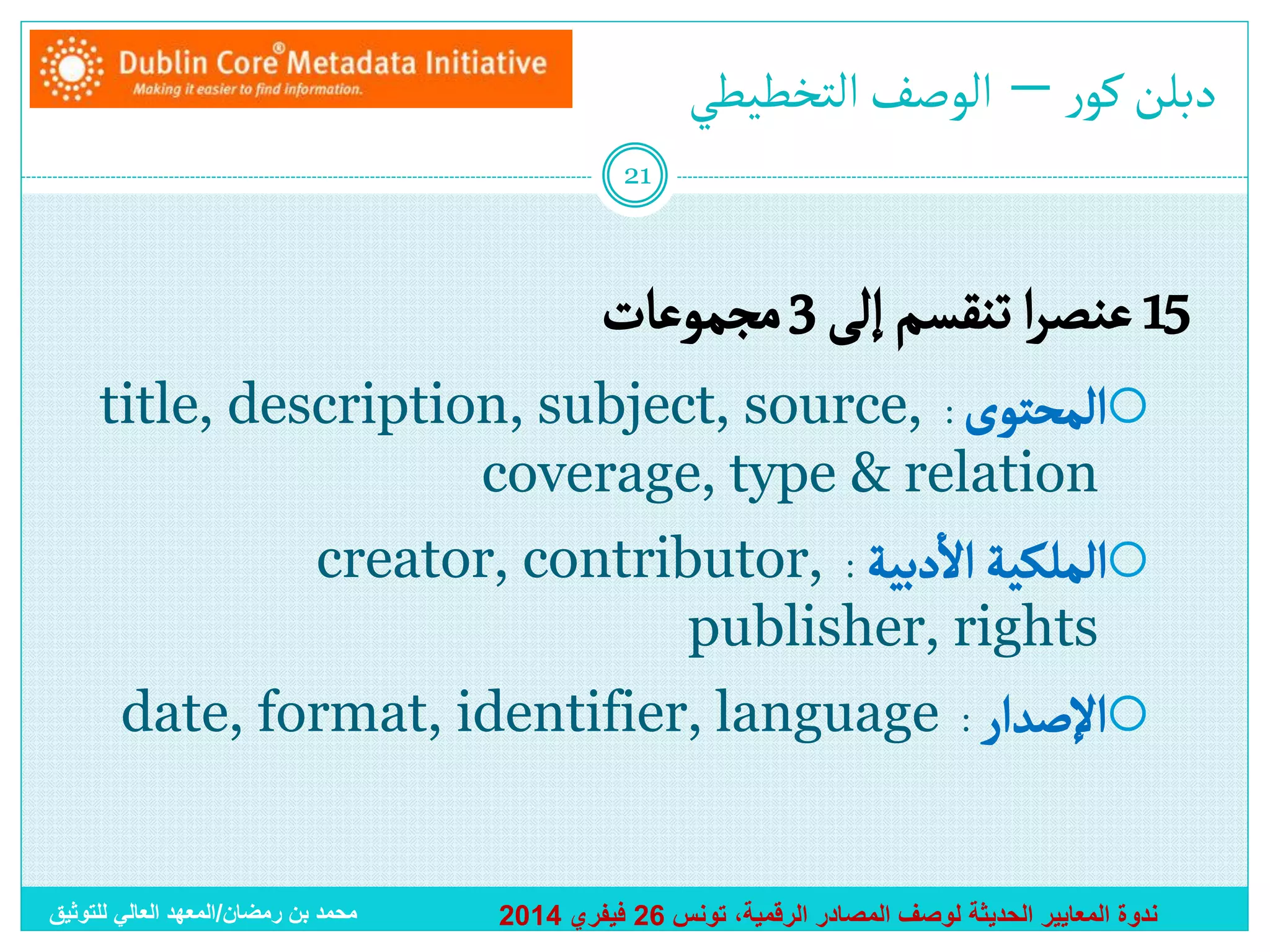 ‫دبلن كور – ألوصف ألتخطيطي‬
‫12‬

‫51 عنصرأ تنقسم إلى 3 مجموعات‬
‫‪‬ألمحتوى : ,‪title, description, subject, source‬‬
‫‪coverage, type & relation‬‬

‫أ‬
‫‪‬ألملكية أالدبية : ,‪creator, contributor‬‬
‫‪publisher, rights‬‬

‫‪‬أإلصدأر : ‪date, format, identifier, language‬‬

‫ندوة المعايير الحديثة لوصف المصادر الرقمية، تونس 62 فيفري 4102‬

‫محمد بن رمضان/المعهد العالي للتوثيق‬

 