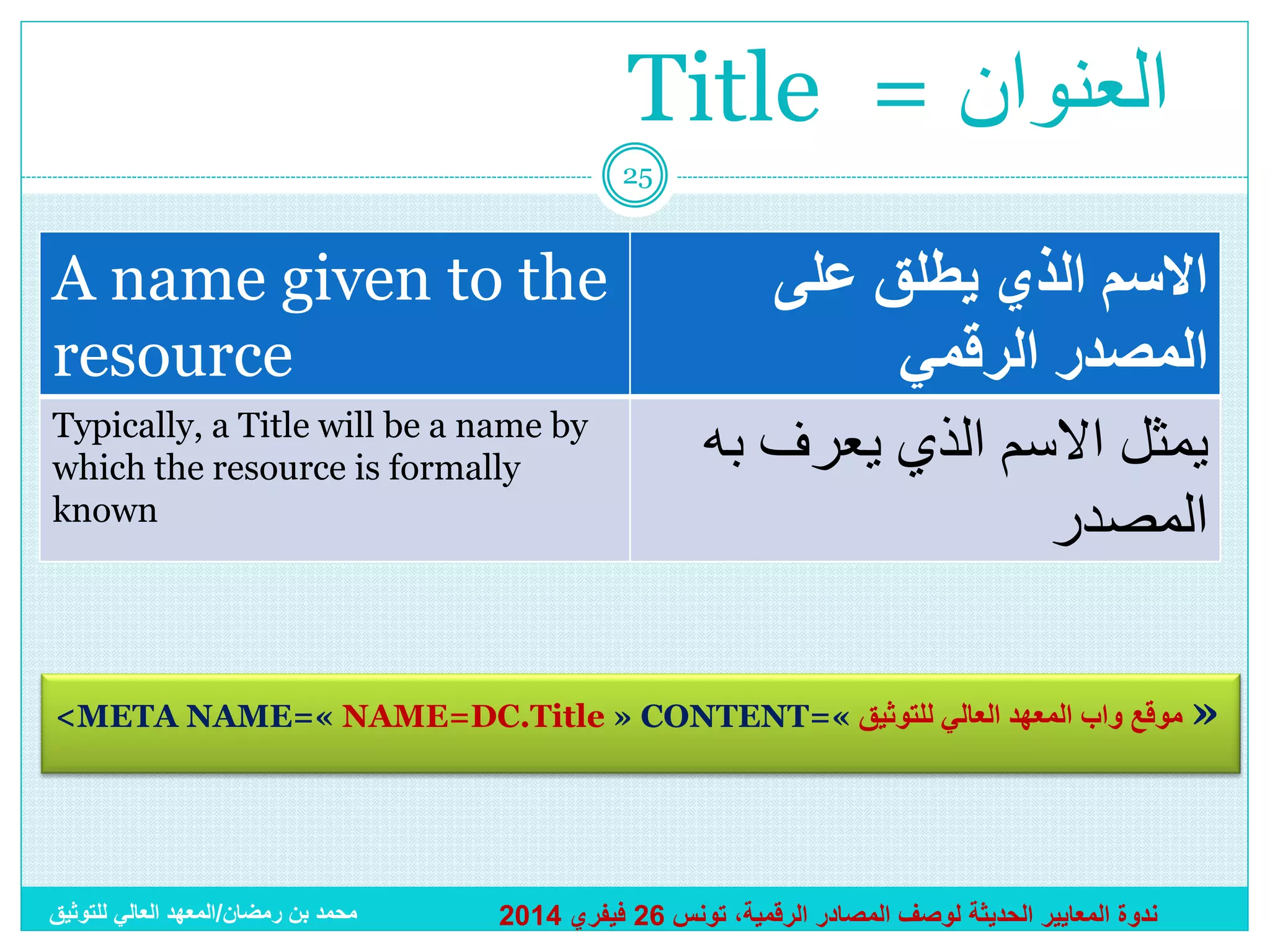 ‫العنوان = ‪Title‬‬
‫52‬

‫االسم الذي يطلق على‬
‫المصدر الرقمي‬
‫يمثل االسم الذي يعرف به‬
‫المصدر‬

‫‪A name given to the‬‬
‫‪resource‬‬
‫‪Typically, a Title will be a name by‬‬
‫‪which the resource is formally‬‬
‫‪known‬‬

‫» موقع واب المعهد العالي للتوثيق «=‪<META NAME=« NAME=DC.Title » CONTENT‬‬

‫ندوة المعايير الحديثة لوصف المصادر الرقمية، تونس 62 فيفري 4102‬

‫محمد بن رمضان/المعهد العالي للتوثيق‬

 